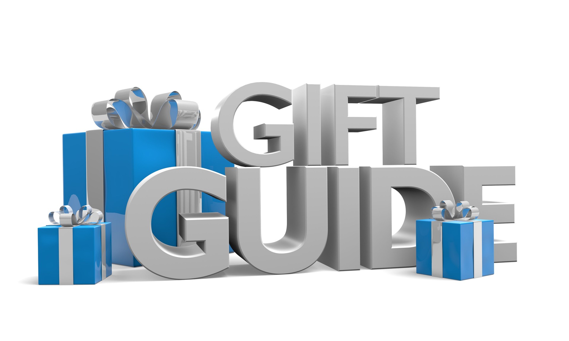 Gift guide text and three Christmas gifts wrapped in ribbons